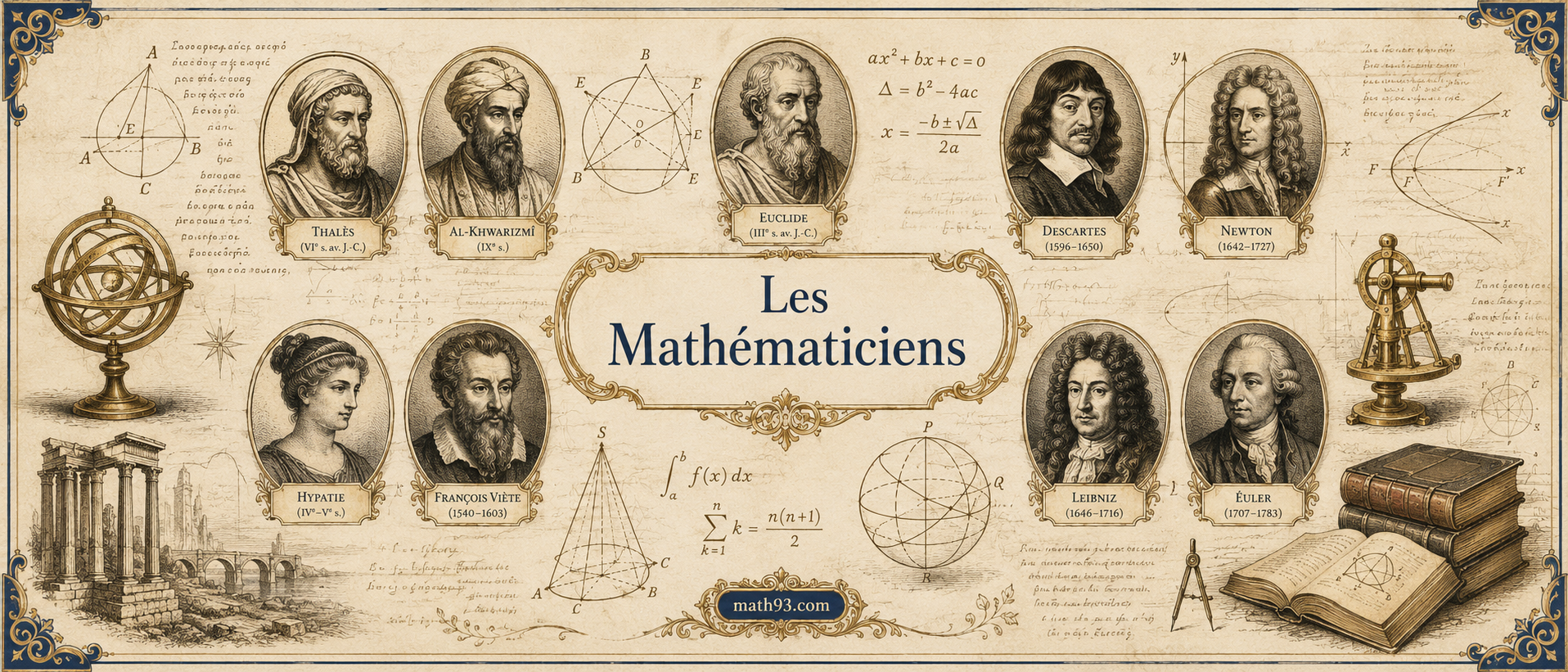 Les Mathématiciens : galerie historique de grands savants, portraits, manuscrits, figures géométriques et instruments anciens autour de l'histoire des mathématiques.
