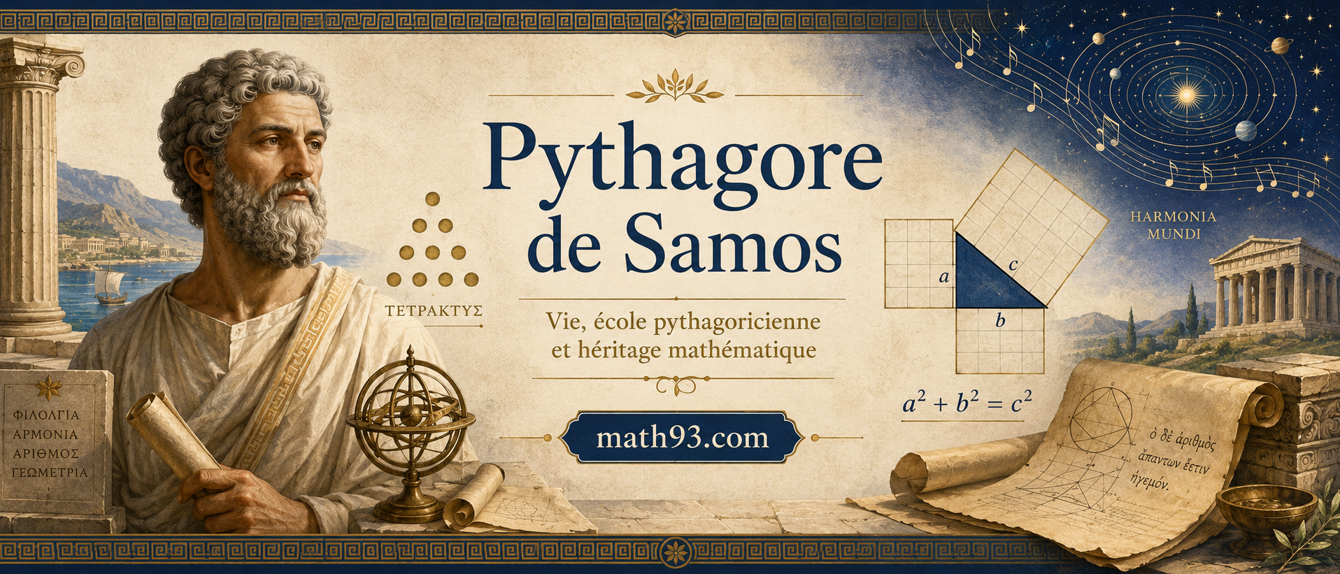 Pythagore de Samos avec tétraktys, théorème de Pythagore, harmonie des sphères et symboles de l'école pythagoricienne