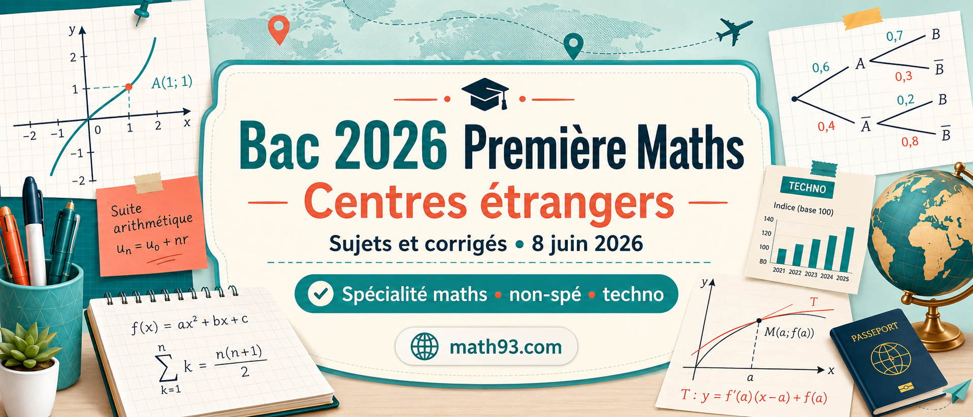 Bac 2026 Première Maths Centres étrangers : sujets et corrigés de spécialité maths, maths non-spé et première technologique