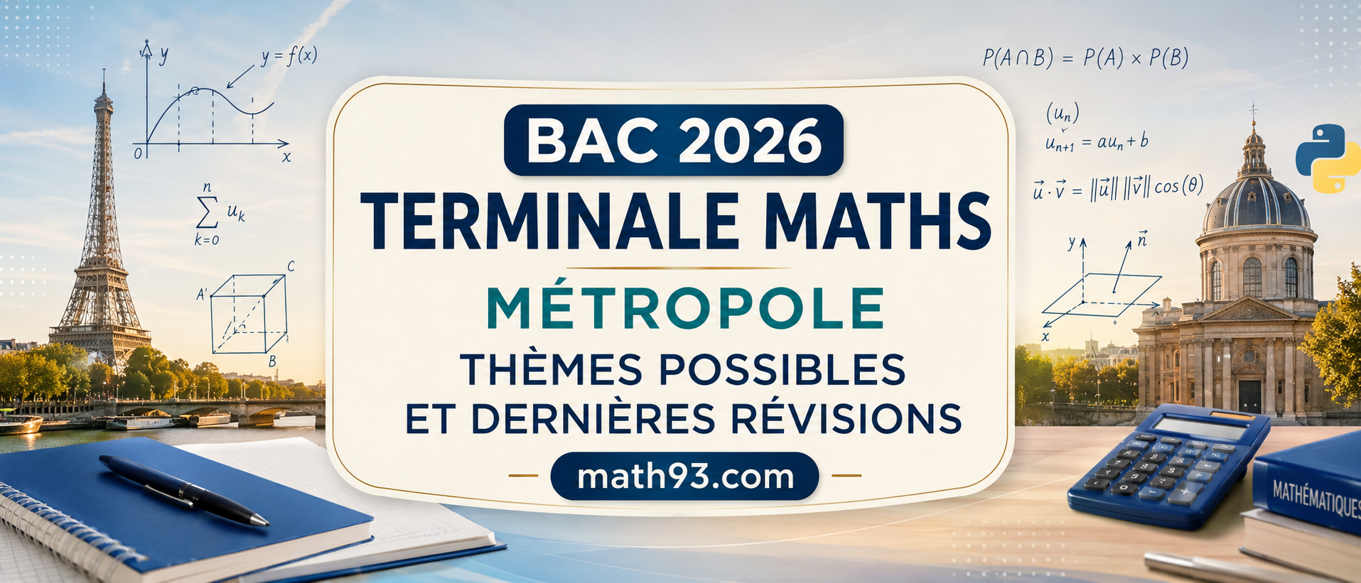 Bac 2026 Terminale spécialité maths Métropole : thèmes possibles et dernières révisions Math93 avec formules, repère, probabilités, suites et géométrie dans l'espace.