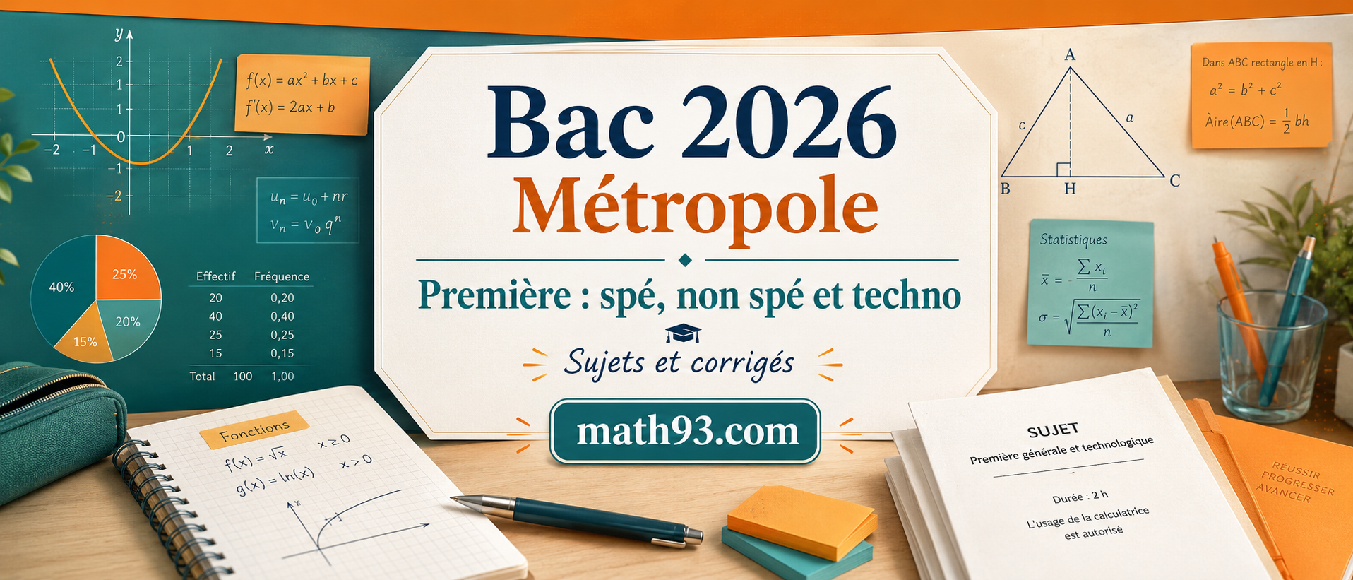 Bac 2026 Métropole Première : spécialité maths, maths non spé et techno, sujets et corrigés Math93