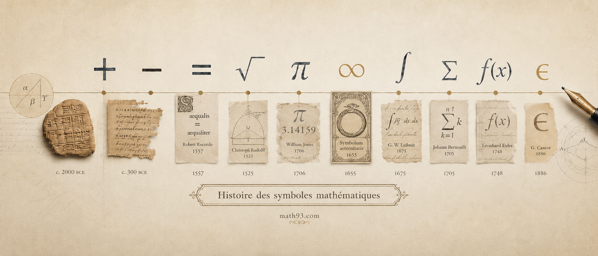 Histoire des symboles mathématiques : frise chronologique illustrant l'origine des signes plus, égal, racine, pi, infini, intégrale, somme, fonction et appartenance.