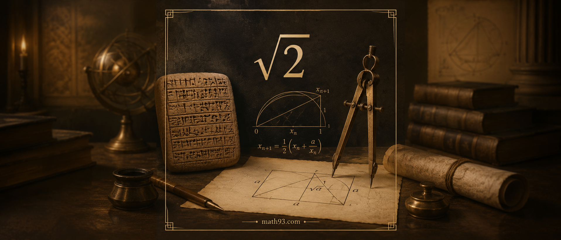 Illustration historique du calcul d'une racine carrée avec tablette babylonienne, compas, méthode de Héron et formule de Newton