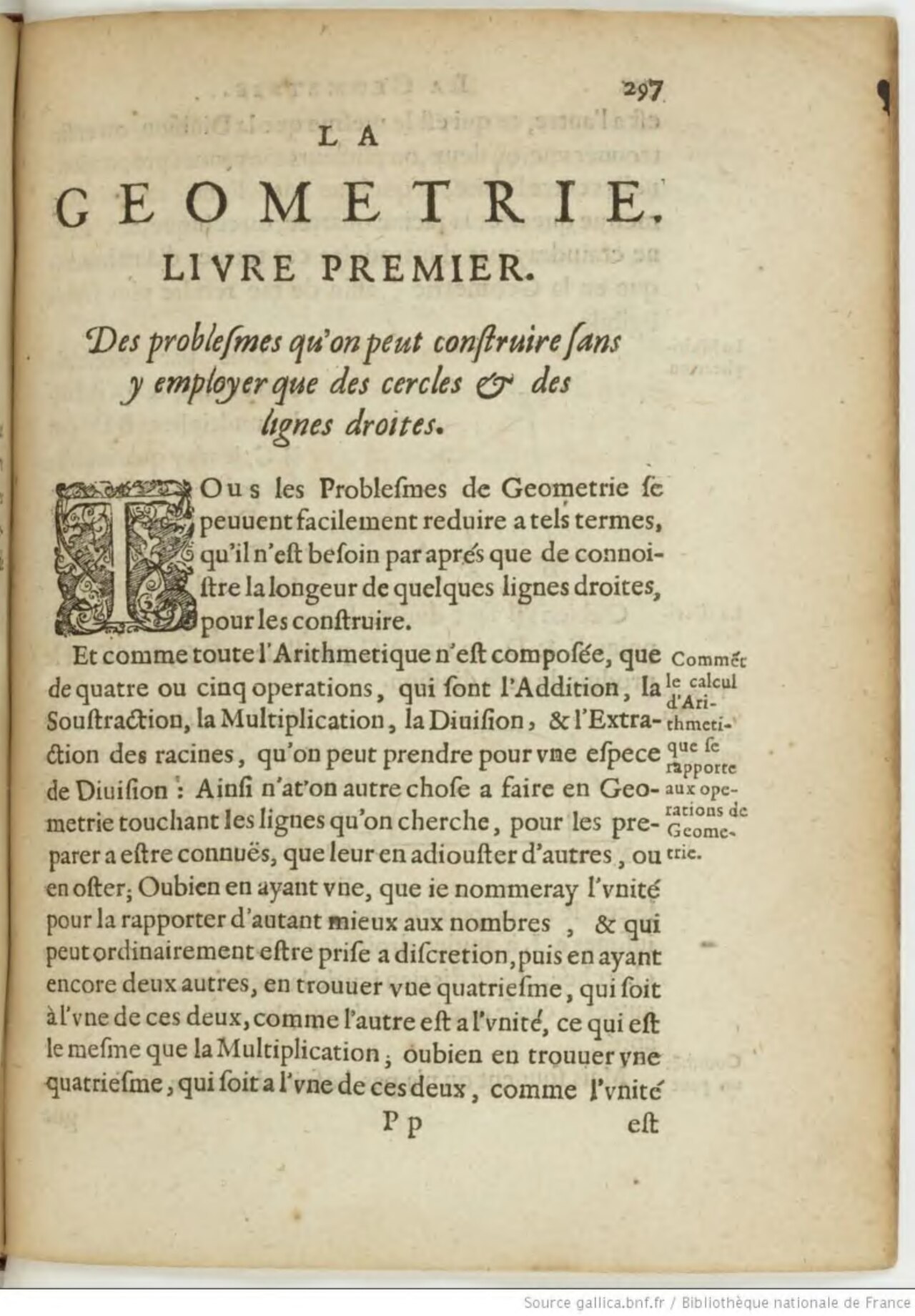 Page de La Géométrie de René Descartes en 1637 montrant l'écriture algébrique et géométrique