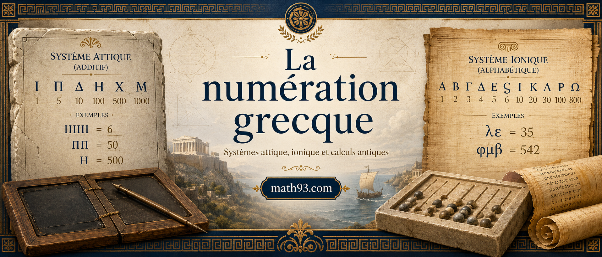 Numération grecque antique avec lettres de l'alphabet grec, abaque, système attique et système ionique