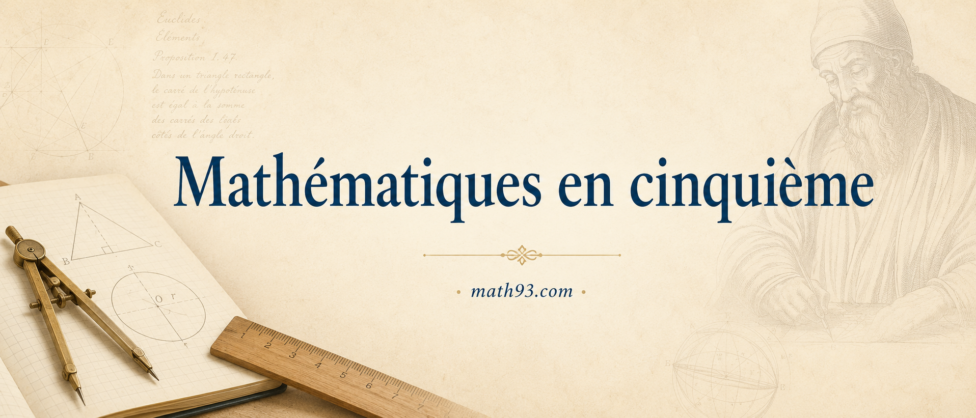 Mathématiques en cinquième : calculs, triangles, nombres relatifs, fractions, proportionnalité, calcul littéral et histoire des mathématiques.