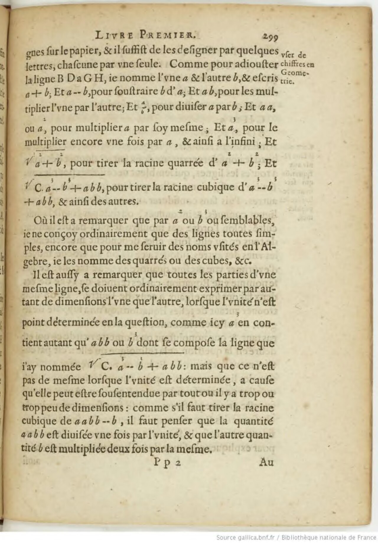 Fac-similé de La Géométrie de Descartes montrant l'usage du signe radical avec barre supérieure
